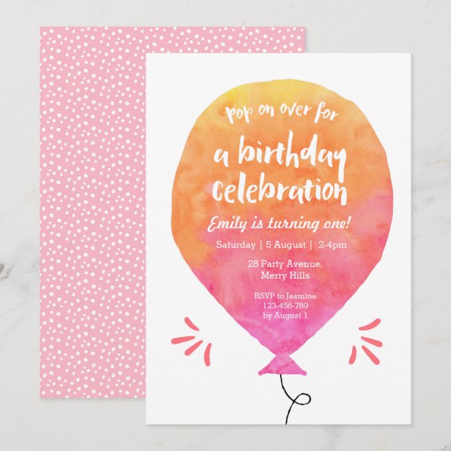 Girls Balloon Einladung (Vorne/Hinten)