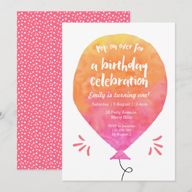 Girls Balloon Einladung (Vorne/Hinten)