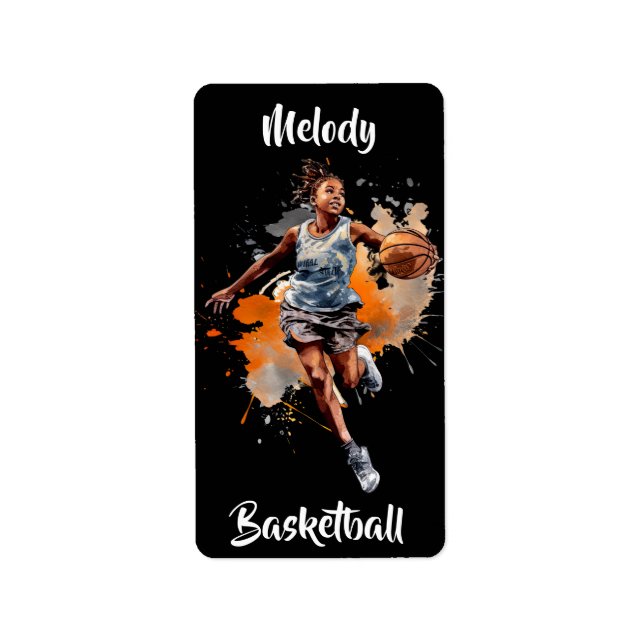 Girls Basketball Wasserfarbe Personalisiert Adressaufkleber (Vorne)