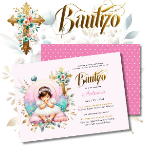 Girl's BAUTIZO Pink Gold Floral Cross Einladung