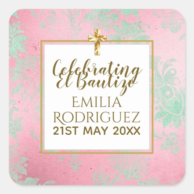 Girls Bautizo Pink Minze Green Damask Gold Cross Quadratischer Aufkleber (Vorderseite)