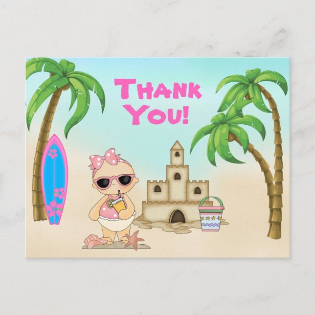 Girls Beach Baby Sandcastle, Surfboard Danke Postkarte (Vorderseite)