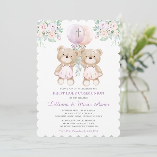 Girls Bears Zwillingskommunion Einladungen (Stehend Vorderseite)