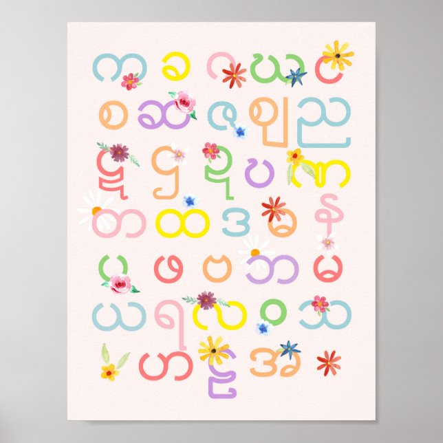 Girls Beautiful Burmese Alphabet Floral Myanmar Poster (Vorne)