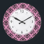 Girl's Bedroom, Salon Art Deco Pink and Black Große Wanduhr<br><div class="desc">Elegant damask pattern. Customizable background color. Pick exactly the shade of pink or other color that you would like.</div>