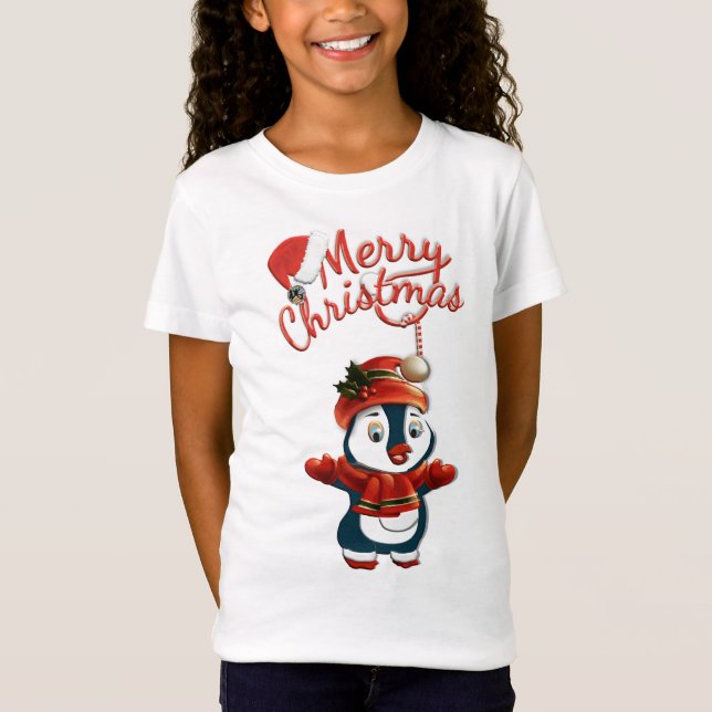 Girls' Bella Christmas Penguin T - Shirt (Vorderseite)