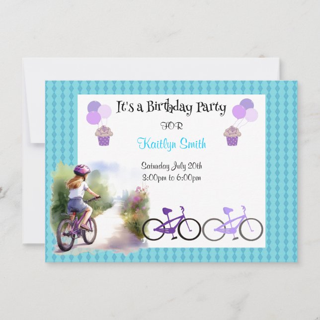 Girls Bicycle Geburtstagsparty Einladung (Vorderseite)