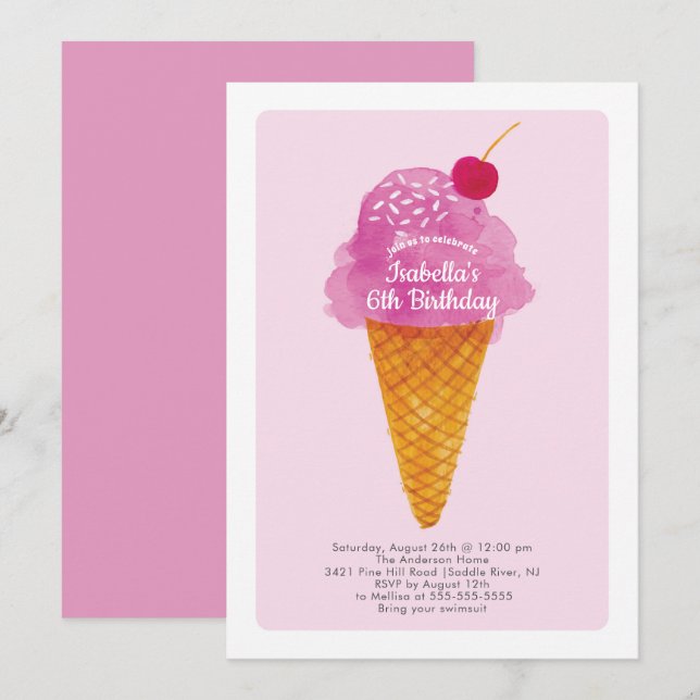 Girls Birthday Party Eiscreme Einladung (Vorne/Hinten)