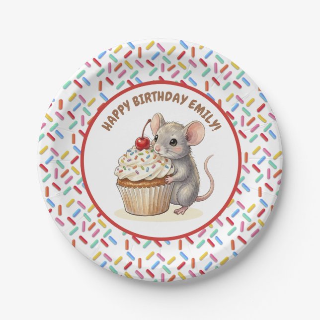 Girl's Birthday Party | Mouse & Cupcake   Pappteller (Vorderseite)