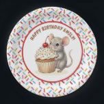 Girl's Birthday Party | Mouse & Cupcake   Pappteller<br><div class="desc">A cute girl's birthday birthday personalized paper plates with a sweet mouse and cupcake theme. Pink,  beige and cherry red sprinkles on a cute vanilla cupcake being held by a watercolor mouse!</div>