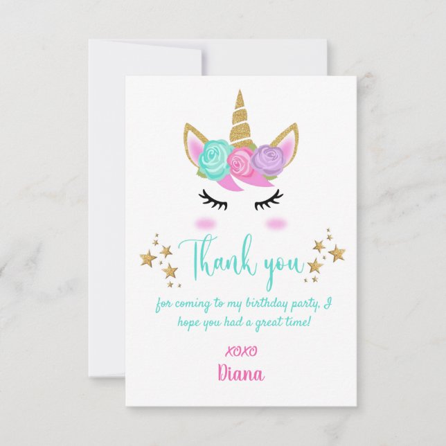 Girl's Birthday Unicorn Thema Dankeskarte (Vorderseite)