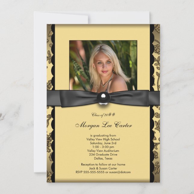 Girls Black and Gold Foto Abschluss Einladung (Vorderseite)