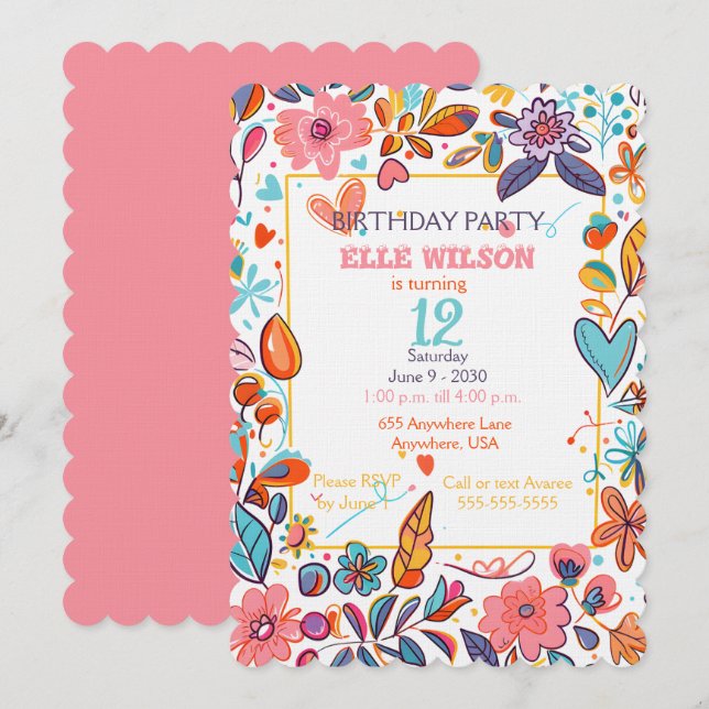Girls Blumenrahmen 12. Geburtstagsparty Einladung (Vorne/Hinten)