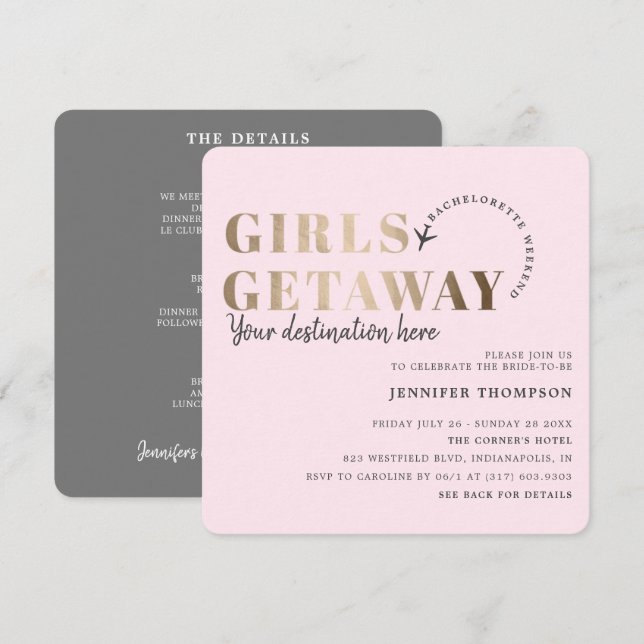 Girls Blush & Gold Bachelorette Wochenende Einladung (Vorne/Hinten)