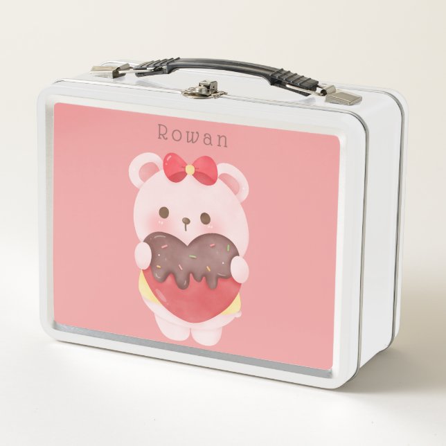 Girls Blush Pink Niedlich Teddy Bär Metall Brotdose (Vorderseite)