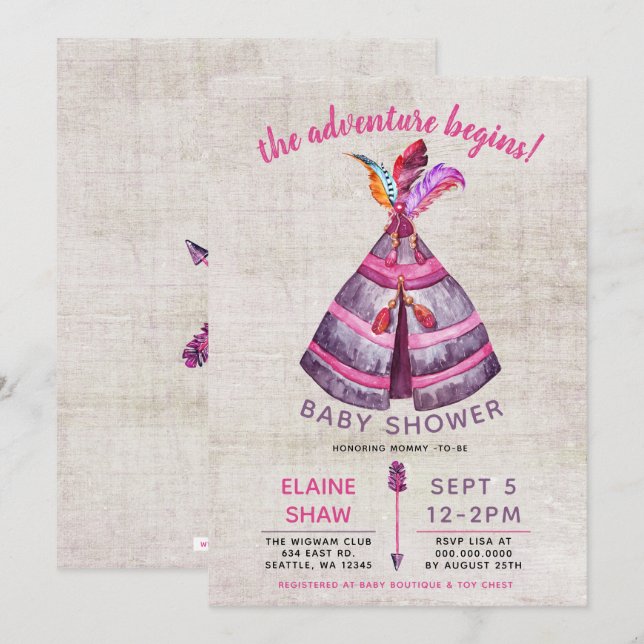 Girls Boho TeePee Baby Shower Einladungen (Vorne/Hinten)