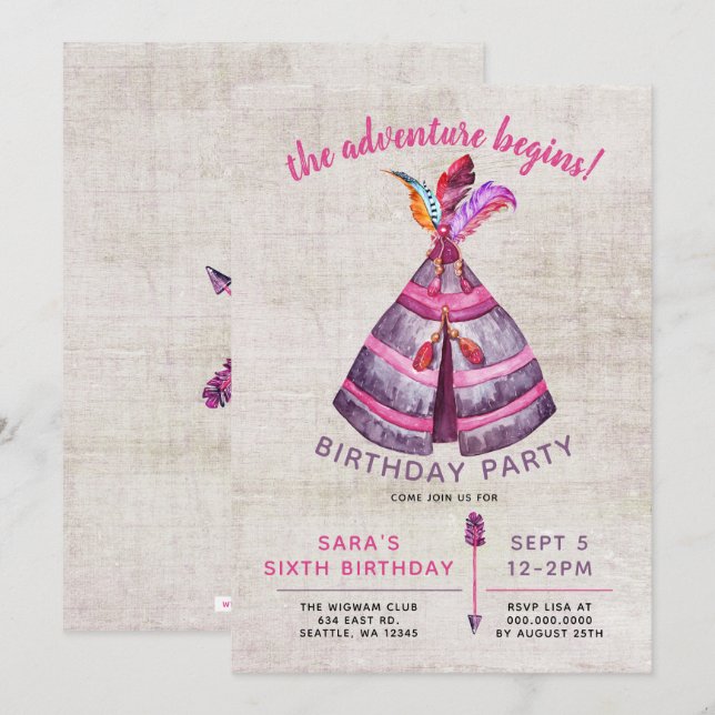 Girls Boho TeePee Einladungen zum Geburtstag (Vorne/Hinten)