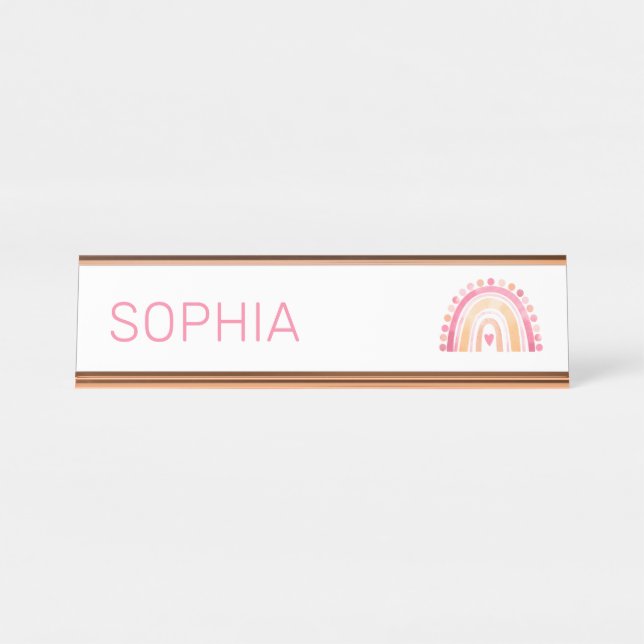 Girls Boho Wasserfarbe Regenbogen in rosa personal Schreibtischnamensplakette (Vorderseite )