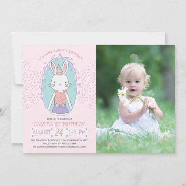 Girls Bunny Birthday Foto Einladung (Vorderseite)