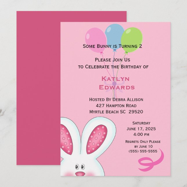 Girls Bunny Rabbit Einladung zum Geburtstag (Vorne/Hinten)