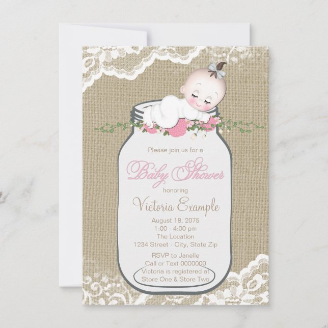 Girls Burlap Mason Jar Baby Shower Einladung (Vorderseite)