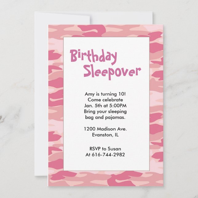 Girls Camo Pink Birthday Sleepover Invitation Einladung (Vorderseite)