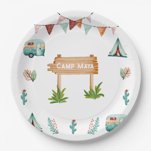 Girls Camping Abenteuer Slumber Geburtstagsparty Pappteller (Vorderseite)