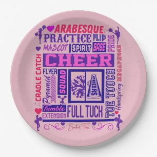 Girls Cheerleading Pink und Lila Word Art Pappteller