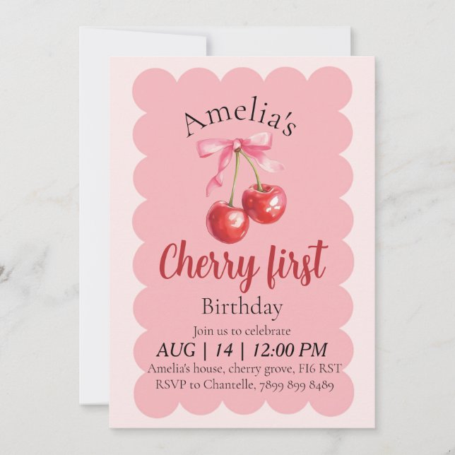 Girls Cherry First Birthday invitation  Einladung (Vorderseite)