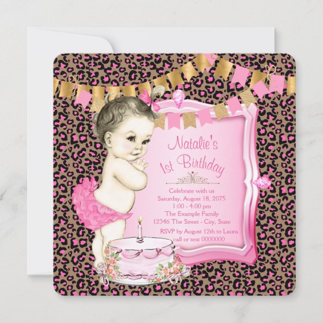 Girls Chic Pink Leopard 1. Geburtstag Einladung (Vorderseite)