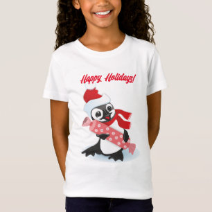 Girl's Cotton T - Shirt Happy Holidays Pinguin