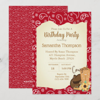 Girls Cowboy Birthday Red Bandana Sonnenblume Einladung