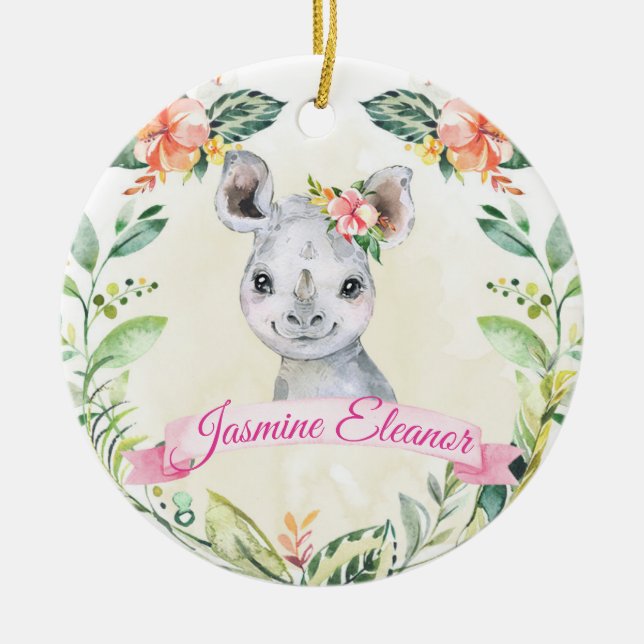 Girls Custom Rhino Safari Niedlicher Urlaub Keramik Ornament (Vorne)