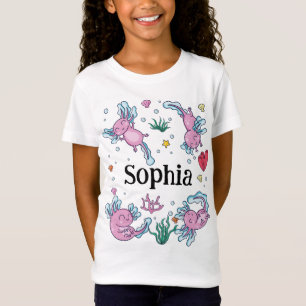 Girls Cute and Modern Pink Axolotl and Name Kids T-Shirt