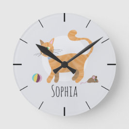Girls Cute Ginger Tabby Cat Cartoon Kids Nursery Runde Wanduhr