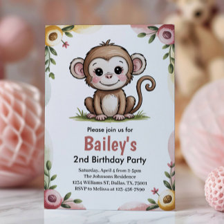 Girls Cute Monkey Jungle Birthday Party Einladung