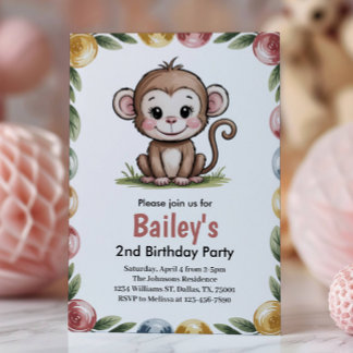 Girls Cute Monkey Jungle Birthday Party Einladung