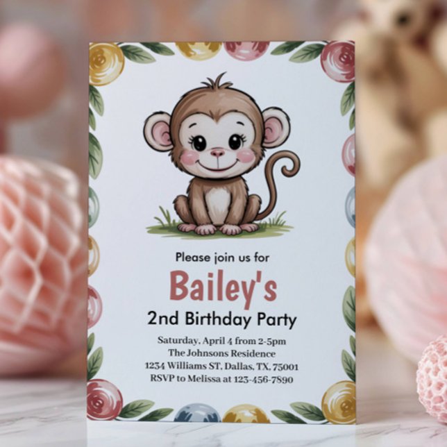 Girls Cute Monkey Jungle Birthday Party Einladung (Von Creator hochgeladen)