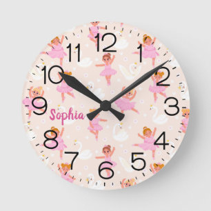 Girls Cute Pink Ballet Dancer Swan Personalized Runde Wanduhr