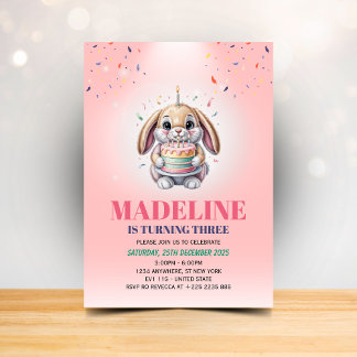Girls Cute Pink Bunny Cake Birthday Invitation
