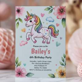 Girls Cute Pink Unicorn Kids 6th Birthday Party Einladung