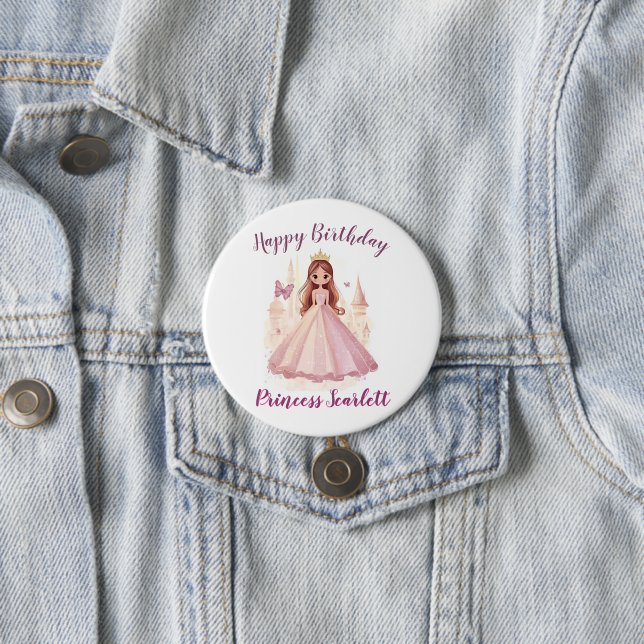 Girls Cute Princess Sparkle Personalised Pink Button (Beispiel)