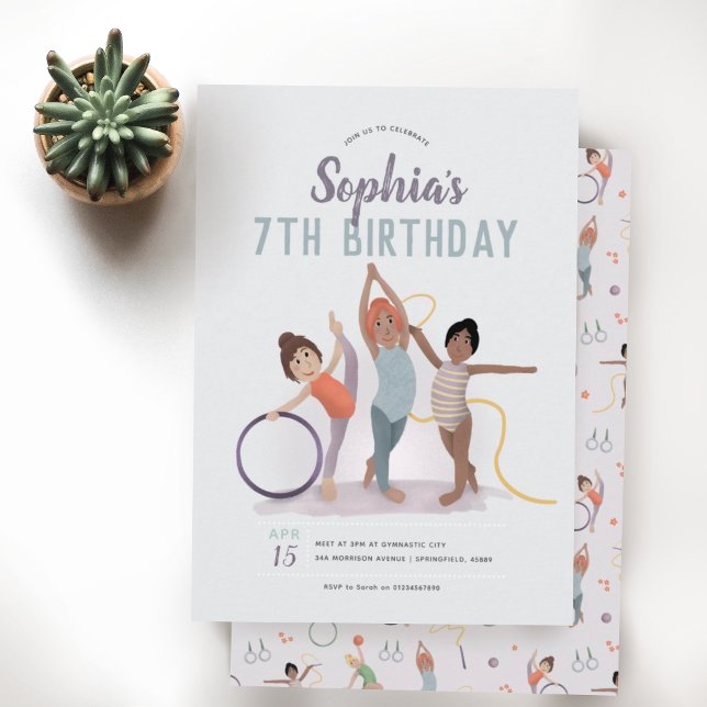 Girls Cute Purple Gymnastics 7th Birthday Einladung (Von Creator hochgeladen)