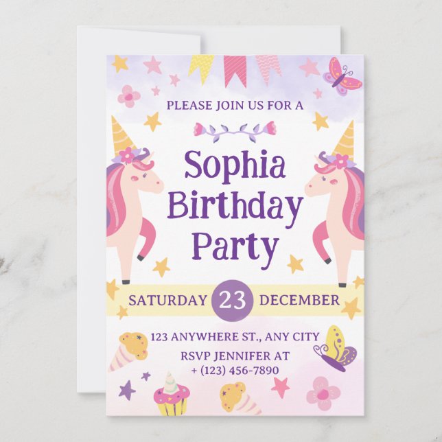 Girls Cute Purple Unicorn Kids 1th Birthday Einladung (Vorderseite)