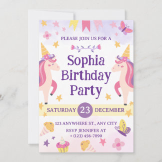 Girls Cute Purple Unicorn Kids 1th Birthday Einladung