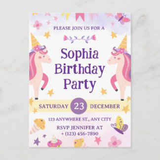 Girls Cute Purple Unicorn Kids 1th Birthday Feiertagspostkarte