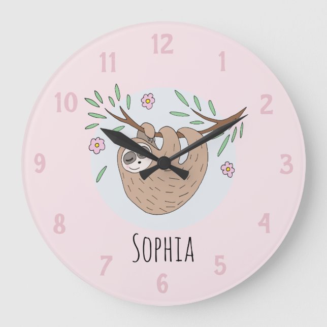 Girls Cute Sleeping Sloth Animal and Name Kids Große Wanduhr (Vorderseite)