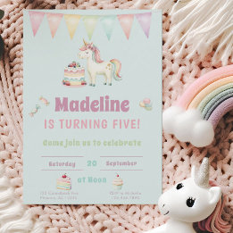 Girls Cute Turquoise Unicorn Fifth Birthday Einladung