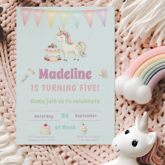 Girls Cute Turquoise Unicorn Fifth Birthday  Einladung