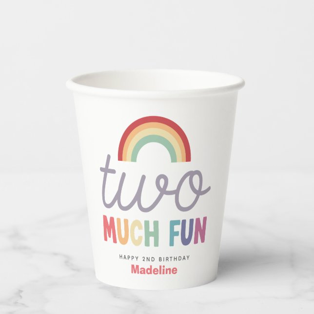 Girls Cute Two Much Fun Rainbow 2nd Birthday Pappbecher (Vorderseite)
